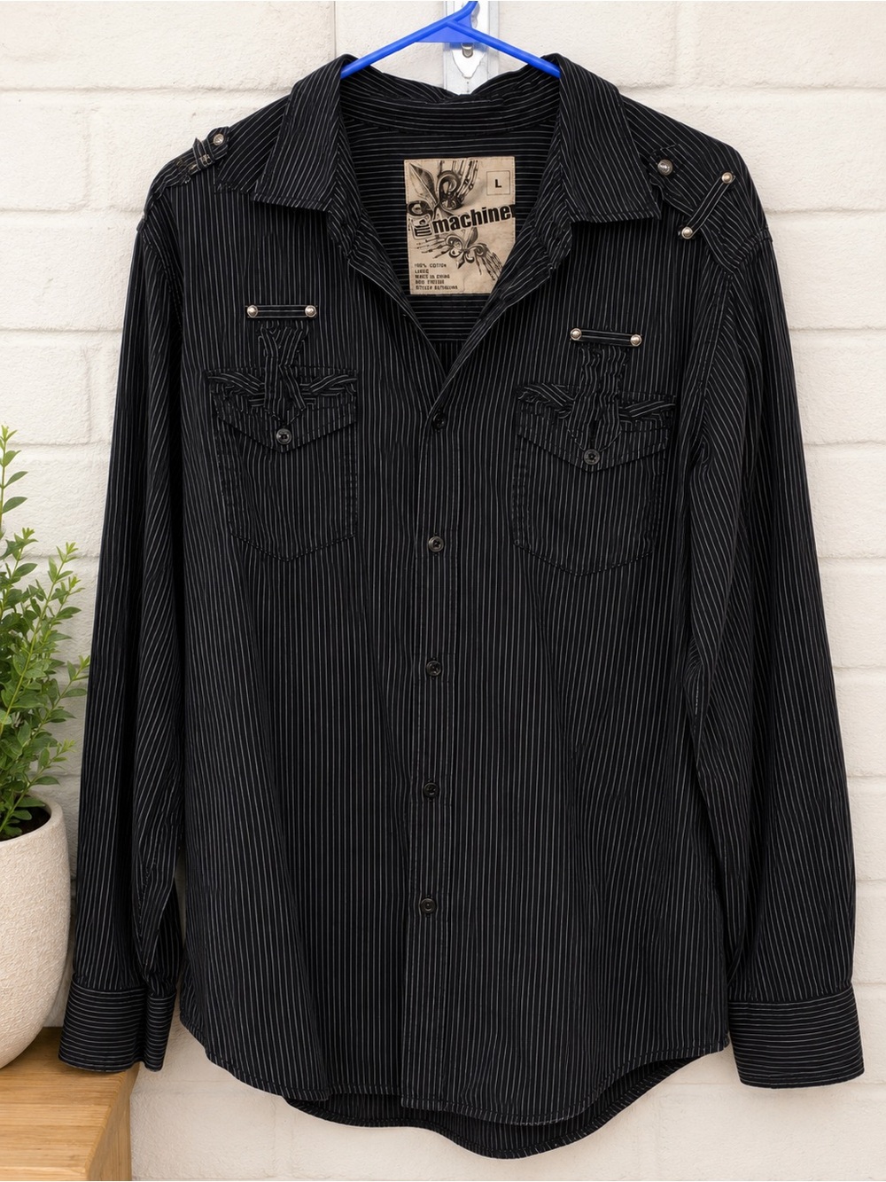 Machine Black Pinstripe Western Button Down Shirt Large